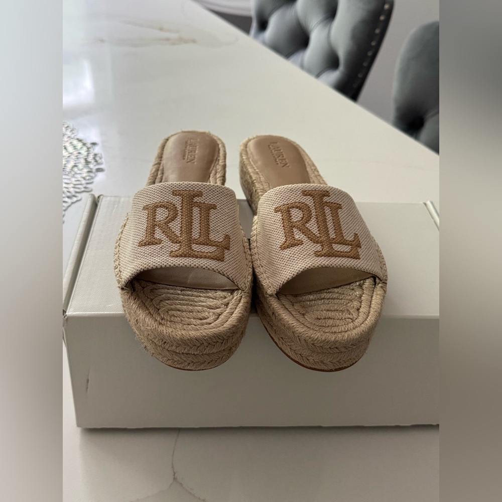 Ralph Lauren Tan RL Logo Espadrille Platform Slides